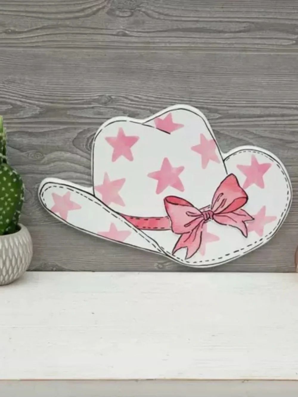 Cowgirl Hat With Pink Stars Wood Wall Decor